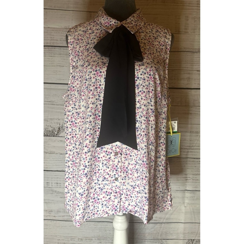 *NEW* CeCe Women's XL Floral Blouse Collared Removable Tie Button Down